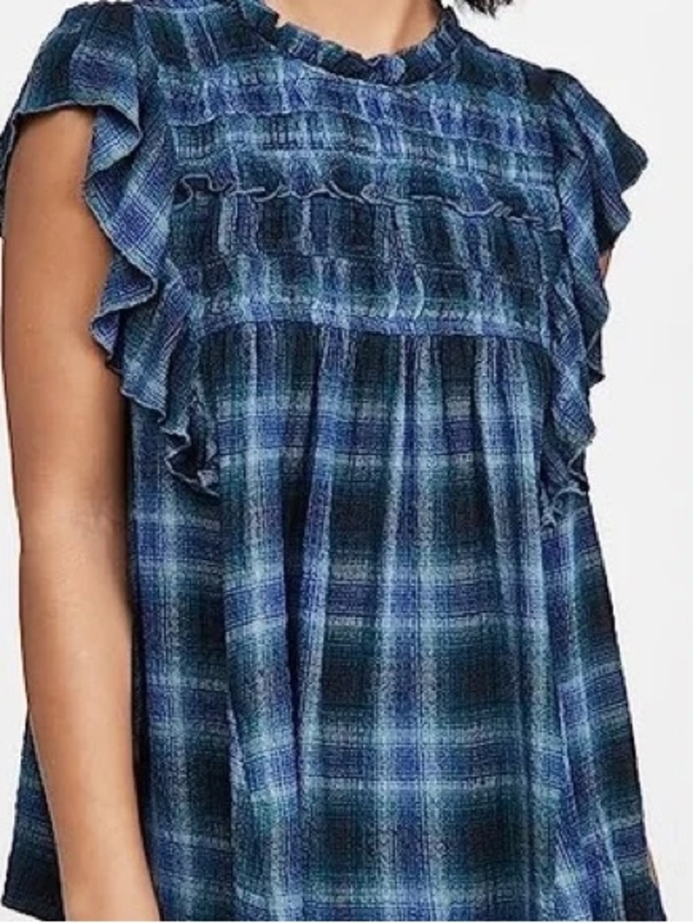 🇺🇸Free People Blue Plaid Ruffle Sleeve Blouse🇺🇸